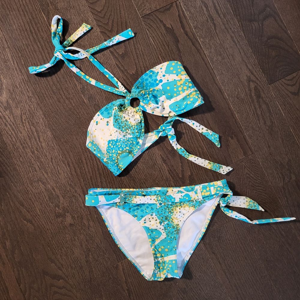 Bikini Swimwear Set in Whimsical Aqua Blue and White, Fits Size SMALL (see Note)